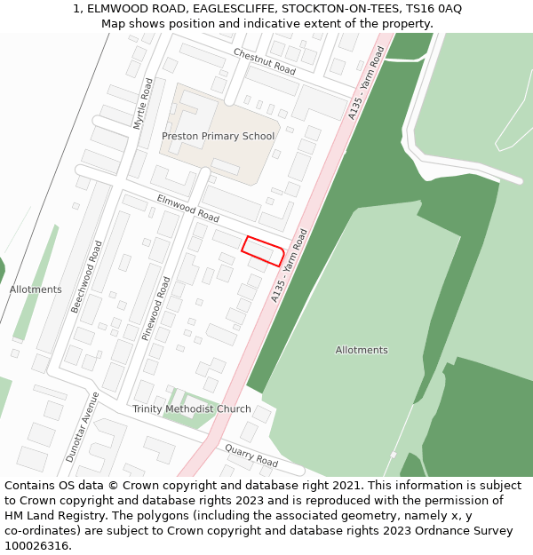 1, ELMWOOD ROAD, EAGLESCLIFFE, STOCKTON-ON-TEES, TS16 0AQ: Location map and indicative extent of plot