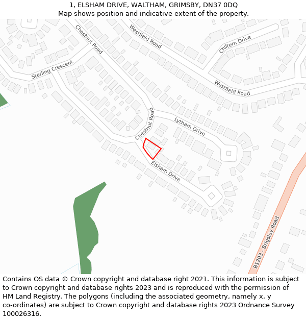 1, ELSHAM DRIVE, WALTHAM, GRIMSBY, DN37 0DQ: Location map and indicative extent of plot