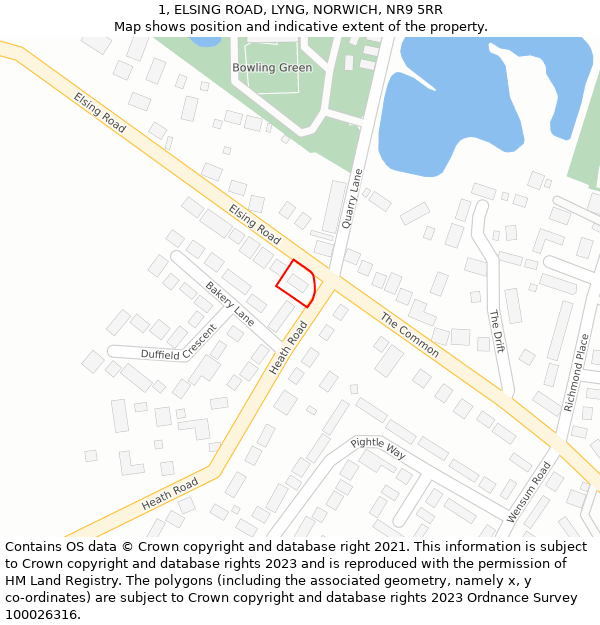 1, ELSING ROAD, LYNG, NORWICH, NR9 5RR: Location map and indicative extent of plot