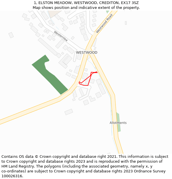 1, ELSTON MEADOW, WESTWOOD, CREDITON, EX17 3SZ: Location map and indicative extent of plot