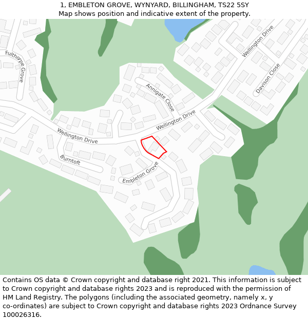 1, EMBLETON GROVE, WYNYARD, BILLINGHAM, TS22 5SY: Location map and indicative extent of plot