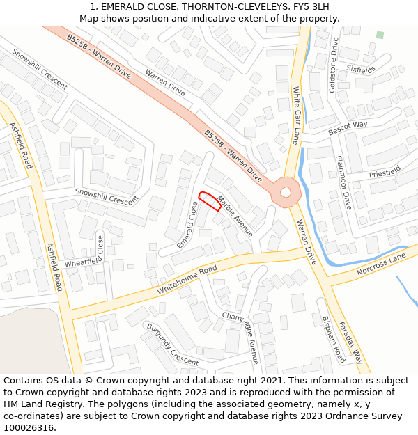 1, EMERALD CLOSE, THORNTON-CLEVELEYS, FY5 3LH: Location map and indicative extent of plot