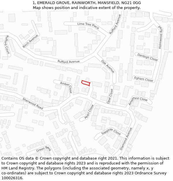 1, EMERALD GROVE, RAINWORTH, MANSFIELD, NG21 0GG: Location map and indicative extent of plot