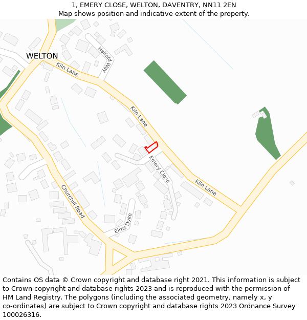 1, EMERY CLOSE, WELTON, DAVENTRY, NN11 2EN: Location map and indicative extent of plot