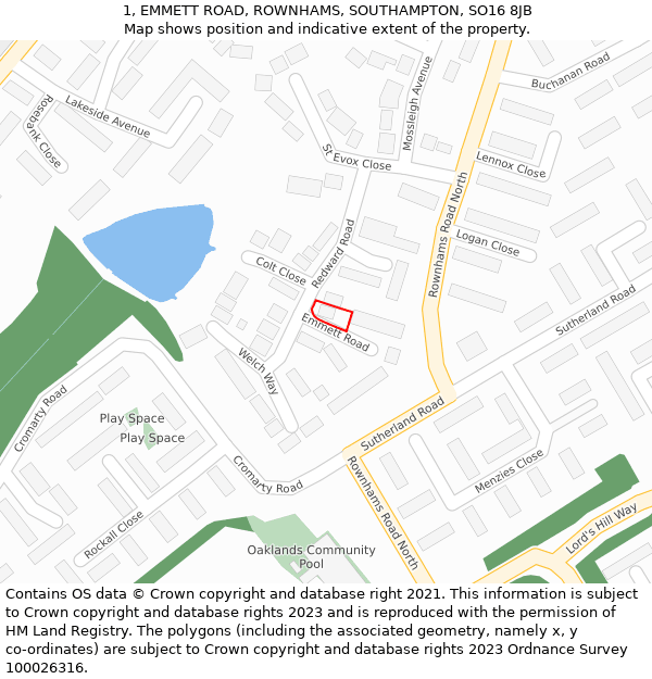 1, EMMETT ROAD, ROWNHAMS, SOUTHAMPTON, SO16 8JB: Location map and indicative extent of plot