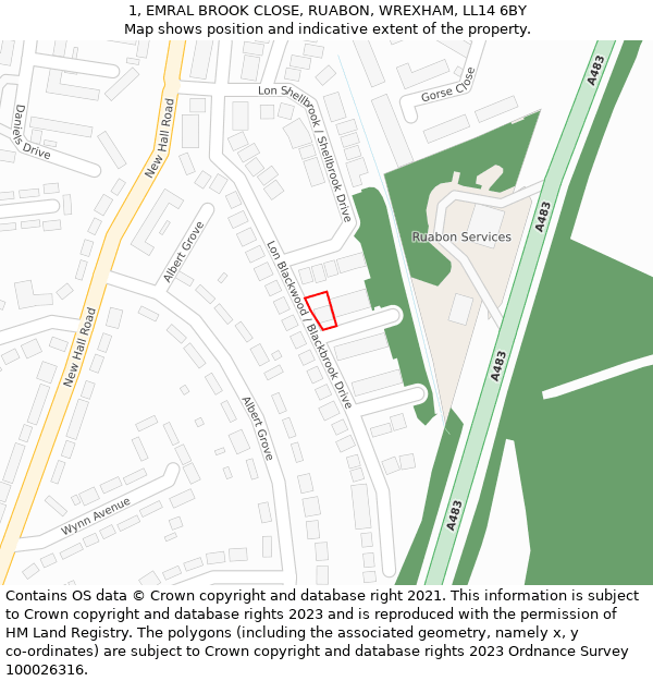 1, EMRAL BROOK CLOSE, RUABON, WREXHAM, LL14 6BY: Location map and indicative extent of plot