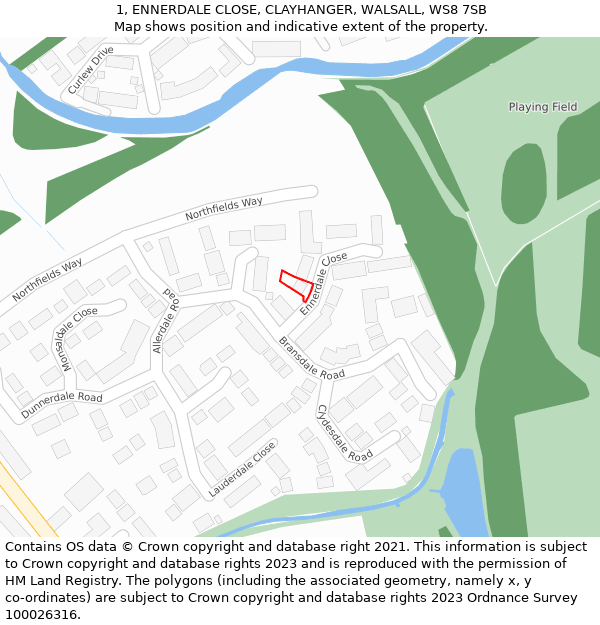 1, ENNERDALE CLOSE, CLAYHANGER, WALSALL, WS8 7SB: Location map and indicative extent of plot