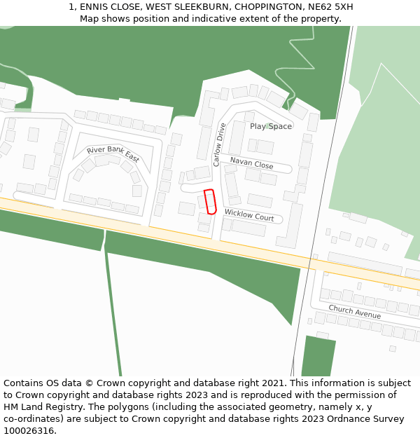 1, ENNIS CLOSE, WEST SLEEKBURN, CHOPPINGTON, NE62 5XH: Location map and indicative extent of plot