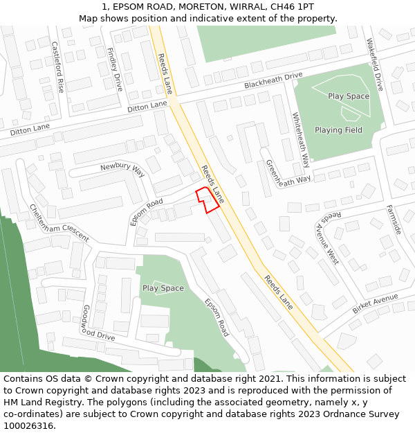 1, EPSOM ROAD, MORETON, WIRRAL, CH46 1PT: Location map and indicative extent of plot