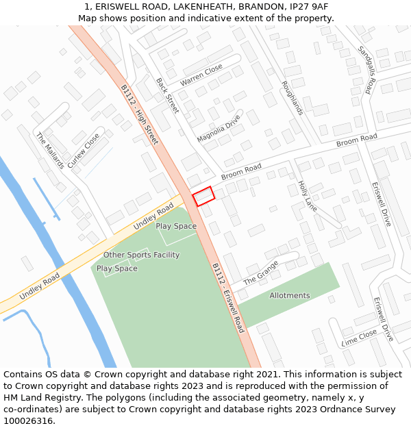 1, ERISWELL ROAD, LAKENHEATH, BRANDON, IP27 9AF: Location map and indicative extent of plot