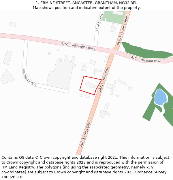 1, ERMINE STREET, ANCASTER, GRANTHAM, NG32 3PL: Location map and indicative extent of plot
