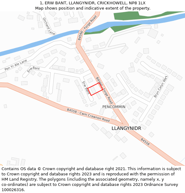 1, ERW BANT, LLANGYNIDR, CRICKHOWELL, NP8 1LX: Location map and indicative extent of plot