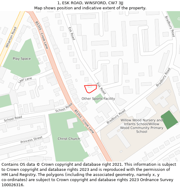 1, ESK ROAD, WINSFORD, CW7 3JJ: Location map and indicative extent of plot