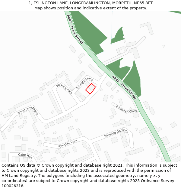 1, ESLINGTON LANE, LONGFRAMLINGTON, MORPETH, NE65 8ET: Location map and indicative extent of plot