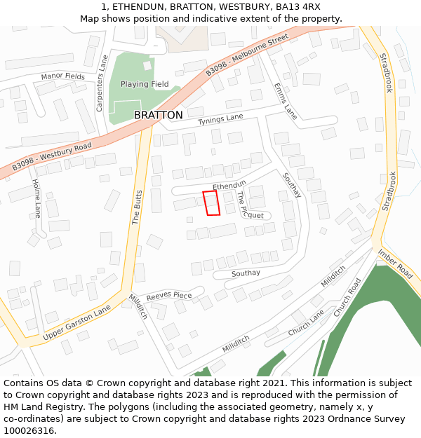 1, ETHENDUN, BRATTON, WESTBURY, BA13 4RX: Location map and indicative extent of plot