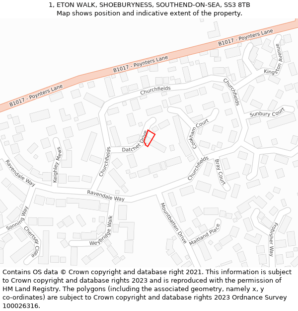 1, ETON WALK, SHOEBURYNESS, SOUTHEND-ON-SEA, SS3 8TB: Location map and indicative extent of plot