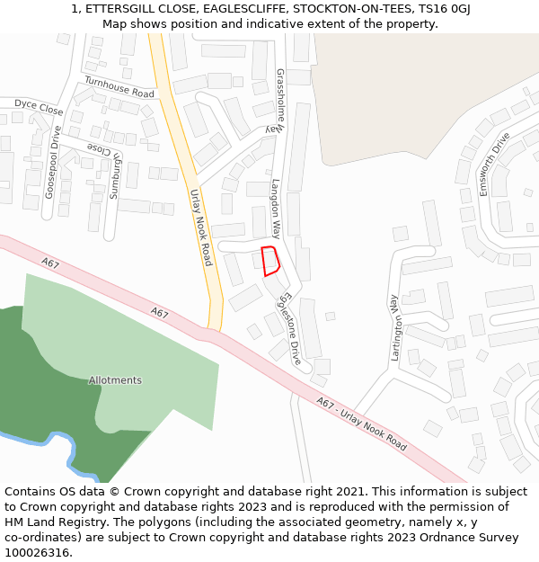 1, ETTERSGILL CLOSE, EAGLESCLIFFE, STOCKTON-ON-TEES, TS16 0GJ: Location map and indicative extent of plot