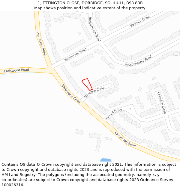 1, ETTINGTON CLOSE, DORRIDGE, SOLIHULL, B93 8RR: Location map and indicative extent of plot