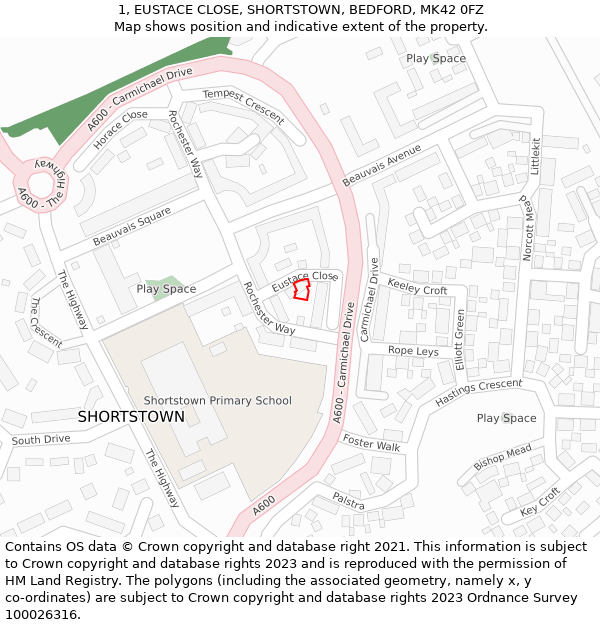 1, EUSTACE CLOSE, SHORTSTOWN, BEDFORD, MK42 0FZ: Location map and indicative extent of plot