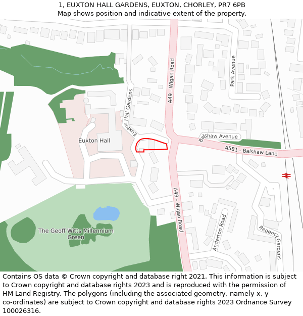 1, EUXTON HALL GARDENS, EUXTON, CHORLEY, PR7 6PB: Location map and indicative extent of plot