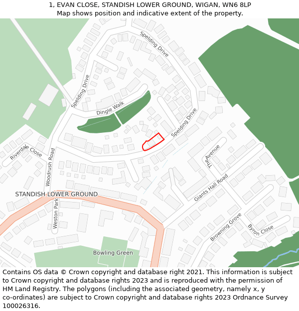 1, EVAN CLOSE, STANDISH LOWER GROUND, WIGAN, WN6 8LP: Location map and indicative extent of plot