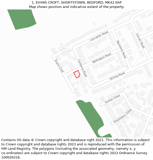 1, EVANS CROFT, SHORTSTOWN, BEDFORD, MK42 0AP: Location map and indicative extent of plot