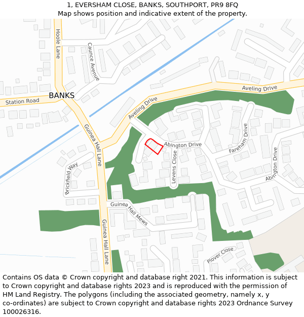 1, EVERSHAM CLOSE, BANKS, SOUTHPORT, PR9 8FQ: Location map and indicative extent of plot