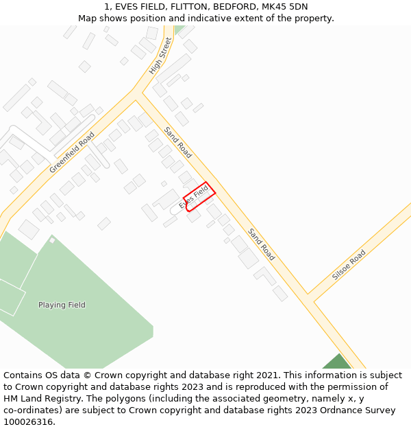 1, EVES FIELD, FLITTON, BEDFORD, MK45 5DN: Location map and indicative extent of plot