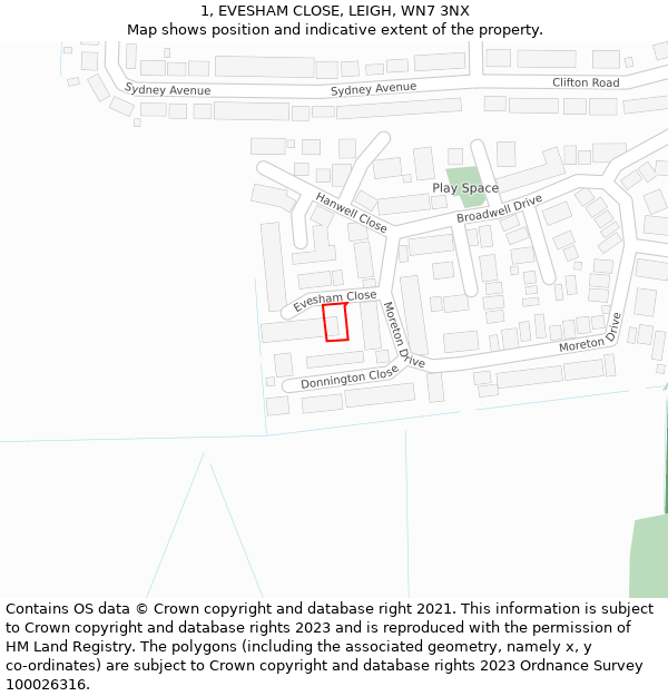 1, EVESHAM CLOSE, LEIGH, WN7 3NX: Location map and indicative extent of plot