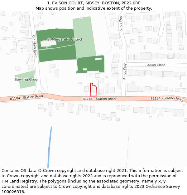 1, EVISON COURT, SIBSEY, BOSTON, PE22 0RF: Location map and indicative extent of plot