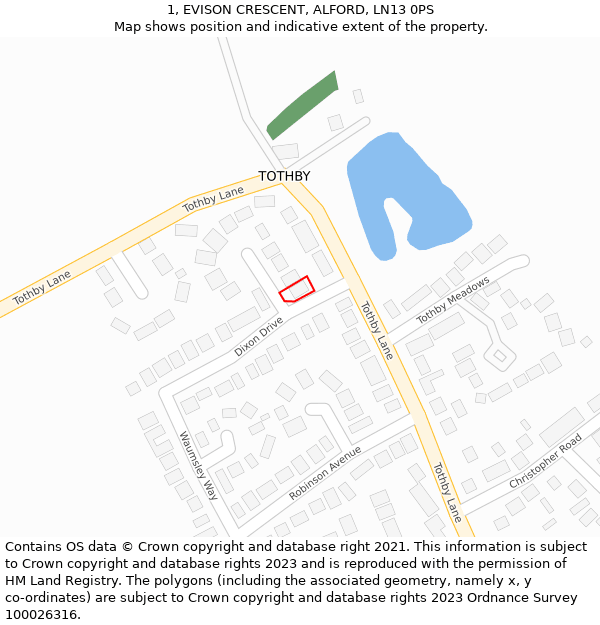 1, EVISON CRESCENT, ALFORD, LN13 0PS: Location map and indicative extent of plot