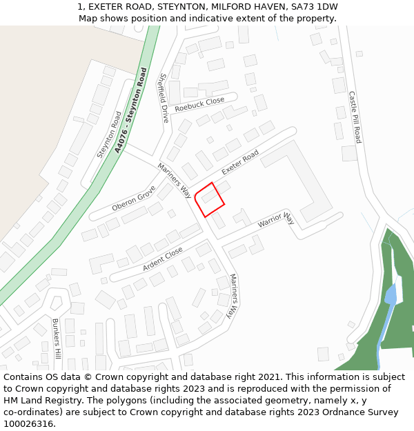 1, EXETER ROAD, STEYNTON, MILFORD HAVEN, SA73 1DW: Location map and indicative extent of plot