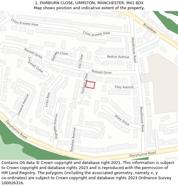 1, FAIRBURN CLOSE, URMSTON, MANCHESTER, M41 8DX: Location map and indicative extent of plot