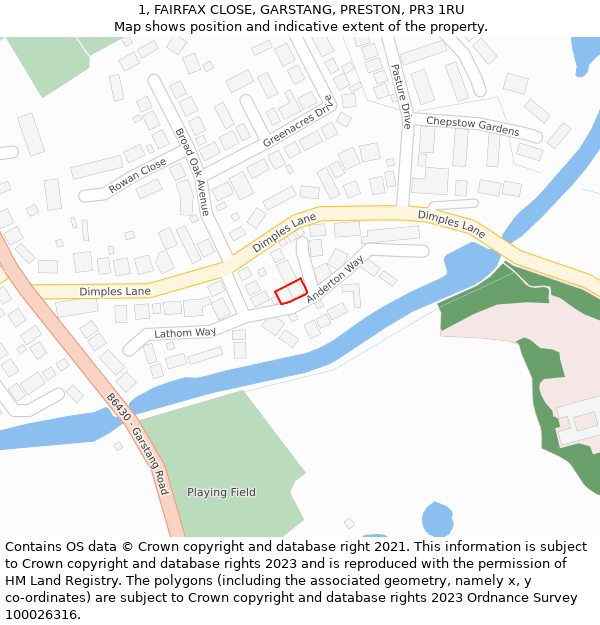 1, FAIRFAX CLOSE, GARSTANG, PRESTON, PR3 1RU: Location map and indicative extent of plot