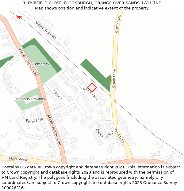 1, FAIRFIELD CLOSE, FLOOKBURGH, GRANGE-OVER-SANDS, LA11 7ND: Location map and indicative extent of plot