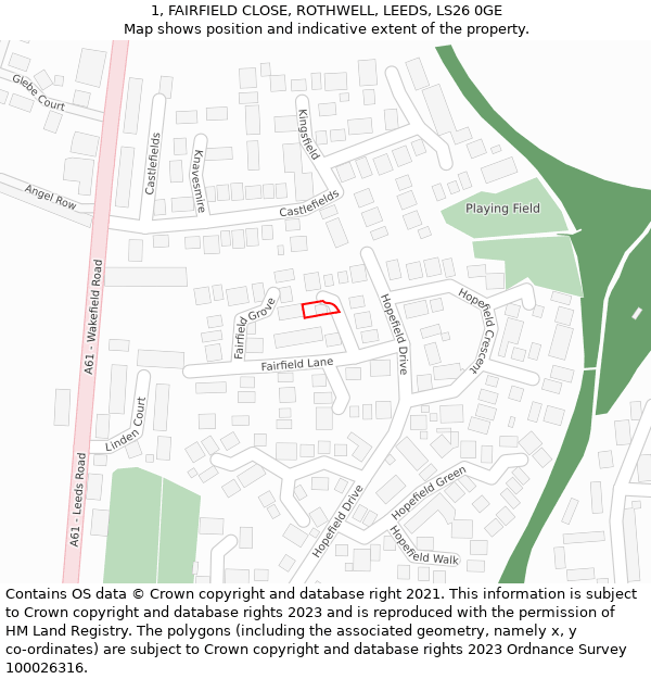1, FAIRFIELD CLOSE, ROTHWELL, LEEDS, LS26 0GE: Location map and indicative extent of plot