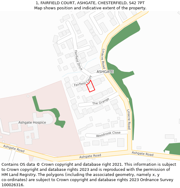 1, FAIRFIELD COURT, ASHGATE, CHESTERFIELD, S42 7PT: Location map and indicative extent of plot