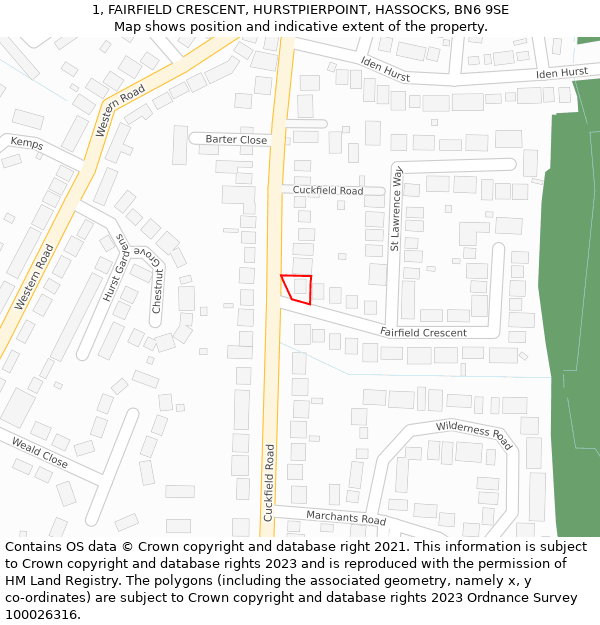 1, FAIRFIELD CRESCENT, HURSTPIERPOINT, HASSOCKS, BN6 9SE: Location map and indicative extent of plot
