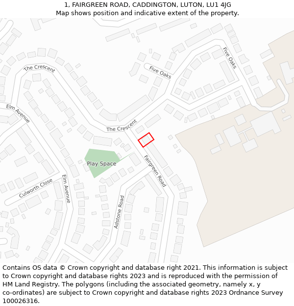 1, FAIRGREEN ROAD, CADDINGTON, LUTON, LU1 4JG: Location map and indicative extent of plot