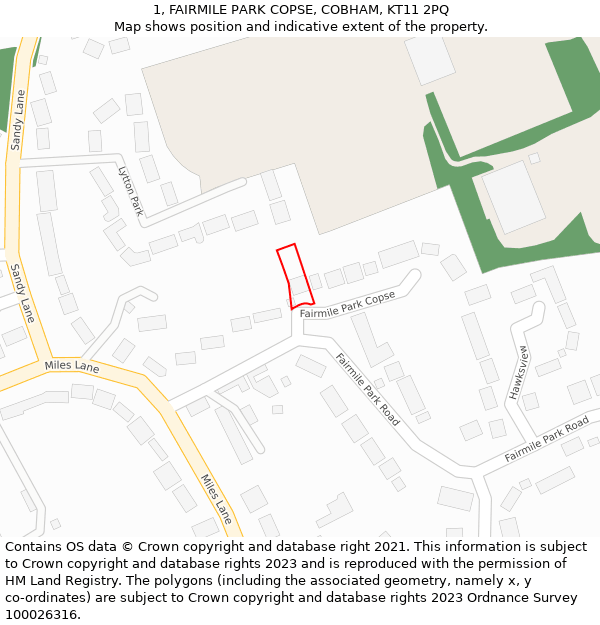 1, FAIRMILE PARK COPSE, COBHAM, KT11 2PQ: Location map and indicative extent of plot