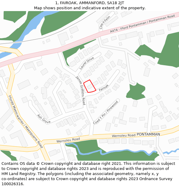 1, FAIROAK, AMMANFORD, SA18 2JT: Location map and indicative extent of plot