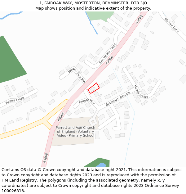 1, FAIROAK WAY, MOSTERTON, BEAMINSTER, DT8 3JQ: Location map and indicative extent of plot