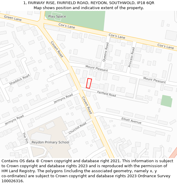 1, FAIRWAY RISE, FAIRFIELD ROAD, REYDON, SOUTHWOLD, IP18 6QR: Location map and indicative extent of plot