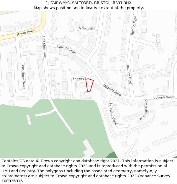 1, FAIRWAYS, SALTFORD, BRISTOL, BS31 3HX: Location map and indicative extent of plot