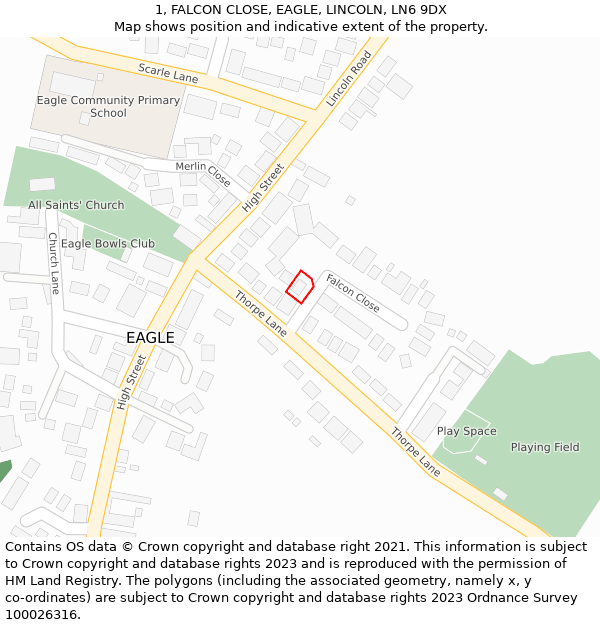 1, FALCON CLOSE, EAGLE, LINCOLN, LN6 9DX: Location map and indicative extent of plot