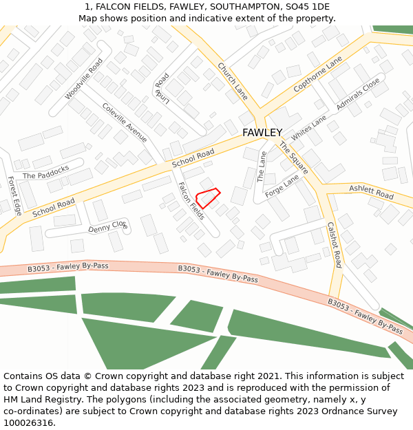 1, FALCON FIELDS, FAWLEY, SOUTHAMPTON, SO45 1DE: Location map and indicative extent of plot