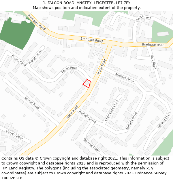 1, FALCON ROAD, ANSTEY, LEICESTER, LE7 7FY: Location map and indicative extent of plot