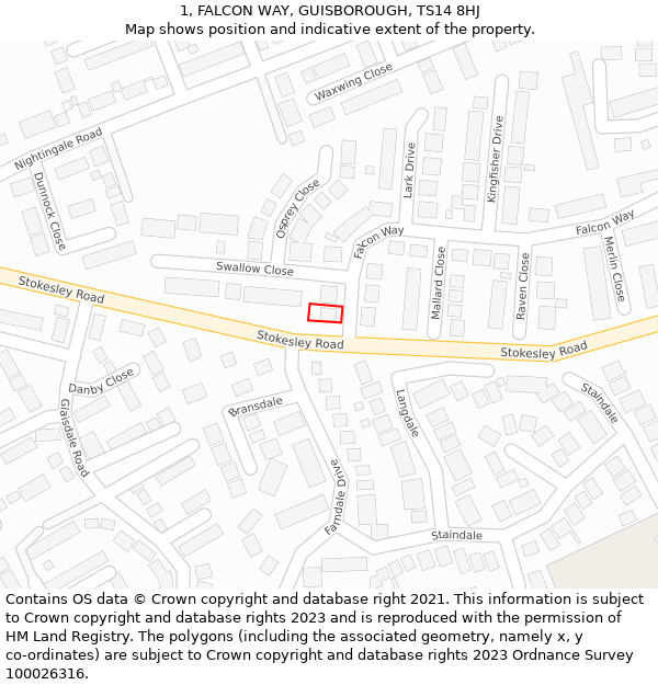 1, FALCON WAY, GUISBOROUGH, TS14 8HJ: Location map and indicative extent of plot