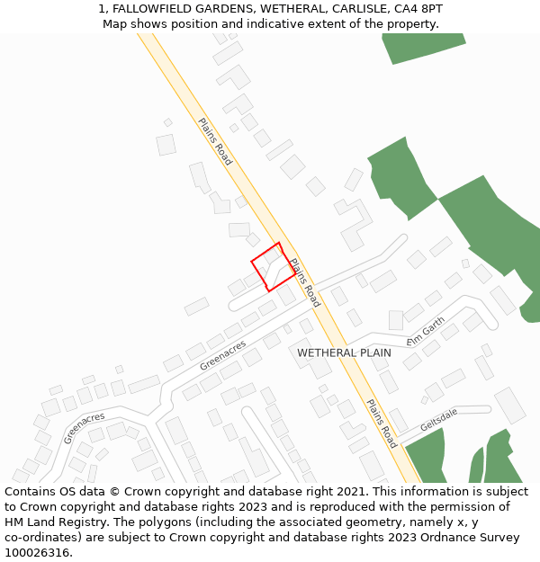 1, FALLOWFIELD GARDENS, WETHERAL, CARLISLE, CA4 8PT: Location map and indicative extent of plot