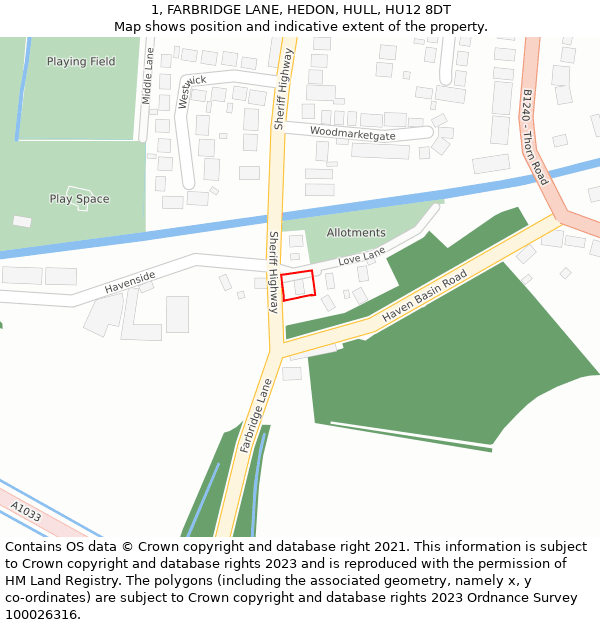 1, FARBRIDGE LANE, HEDON, HULL, HU12 8DT: Location map and indicative extent of plot